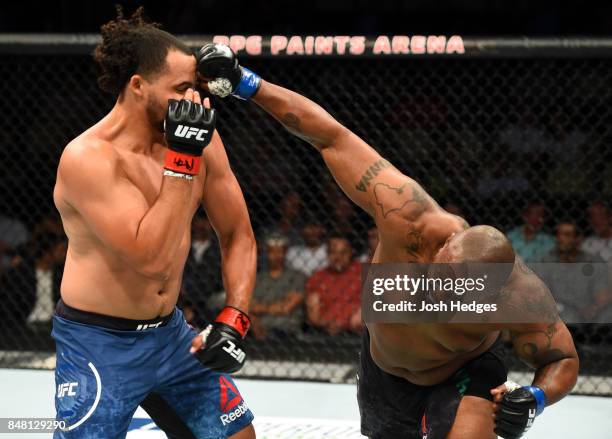 Zu Anyanwu punches Justin Ledet in their heavyweight bout during the UFC Fight Night event inside the PPG Paints Arena on September 16, 2017 in...