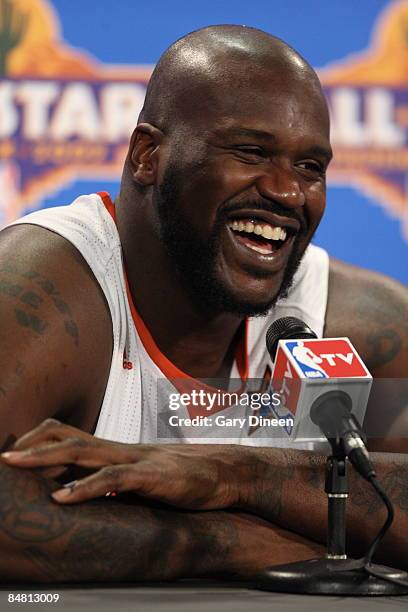 Shaquille O'Neal of the Western Conference speaks to the media after the 2009 NBA All-Star Game on February 15, 2009 at the US Airways Center in...