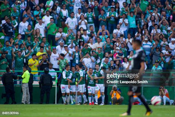 Luis Montes of Leon celebrates after scoring the second goal of his team during the 9th round match between Leon and Pachuca as part of the Torneo...