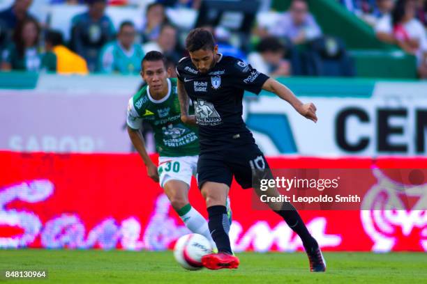 Jonathan Urretaviscaya of Pachuca fights for the ball with José Rodriguez of Leon during the 9th round match between Leon and Pachuca as part of the...