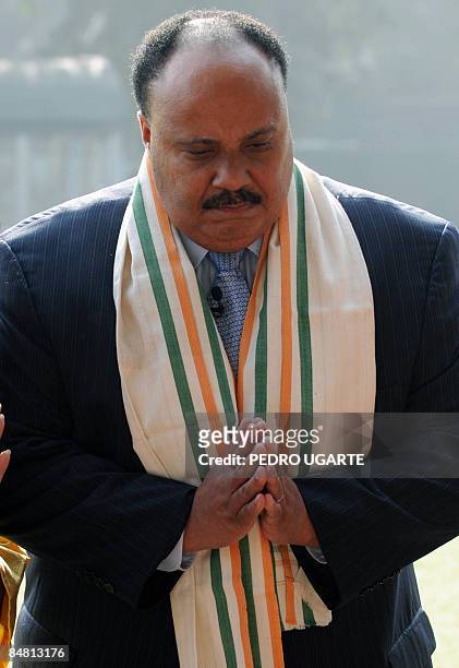 Martin Luther King III pays his respects at the site where Mahatama Gandhi was killed in New Delhi on February 16, 2009. Martin Luther King III is in...