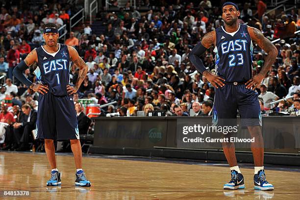 Allen Iverson and LeBron James of the Eastern Conference look on during the 58th NBA All-Star Game, part of 2009 NBA All-Star Weekend, at US Airways...