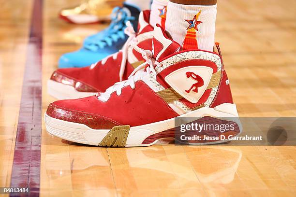 Detail of sneakers worn by Shaquille O'Neal of the Western Conference during the 58th NBA All-Star Game, part of 2009 NBA All-Star Weekend, at US...