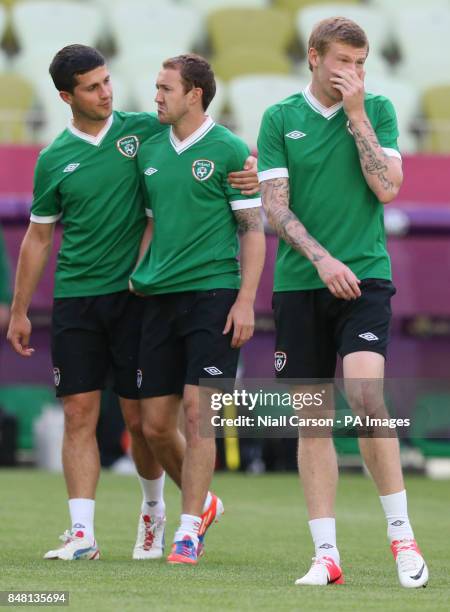 Republic of Ireland's Shane Long, Aiden McGeady and James McClean during a training session at the PGE Arena, Gdansk, Poland.
