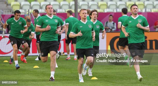 Republic of Ireland's Richard Dunne, Damien Duff and Robbie Keane during a training session at the PGE Arena, Gdansk, Poland.