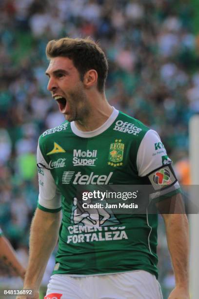 Mauro Boselli of Leon celebrates after scoring the first goal of his team during the 9th round match between Leon and Pachuca as part of the Torneo...