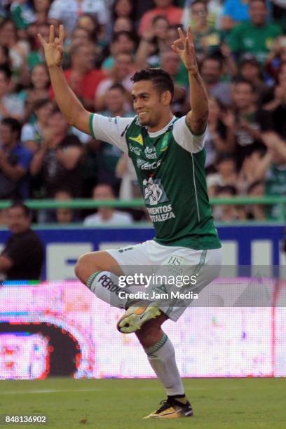 Andres Andrade of Leon celebrates after scoring the third goal of his team during the 9th round match between Leon and Pachuca as part of the Torneo...