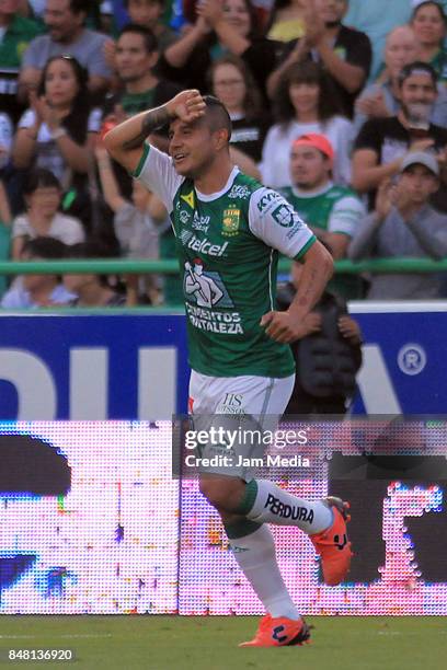 Luis Montes of Leon celebrates after scoring the second goal of his team during the 9th round match between Leon and Pachuca as part of the Torneo...