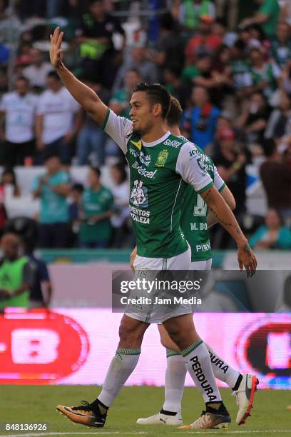 Andres Andrade of Leon celebrates after scoring the third goal of his team during the 9th round match between Leon and Pachuca as part of the Torneo...