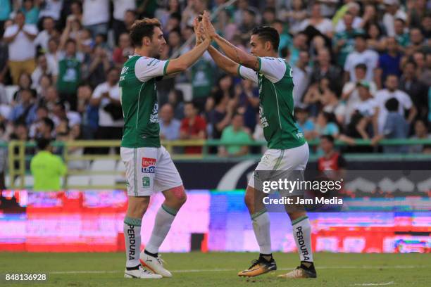 Mauro Boselli and Andres Andrade of Leon celebrate during the 9th round match between Leon and Pachuca as part of the Torneo Apertura 2017 Liga MX at...