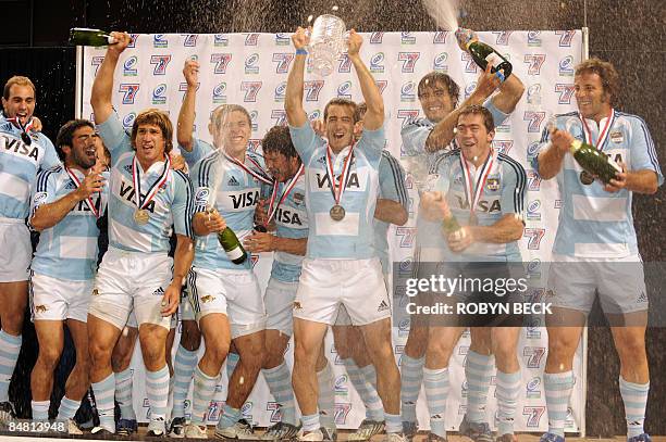 Argentina celebrates winning the USA Rugby Sevens, on the second and final day of the USA Sevens Rugby Tournament at Petco Park in San Diego,...