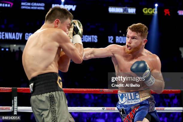 Canelo Alvarez throws a punch at Gennady Golovkin during their WBC, WBA and IBF middleweight championship bout at T-Mobile Arena on September 16,...