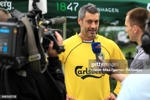 European Legends goalkeeper Victor Baia speaks to the press
