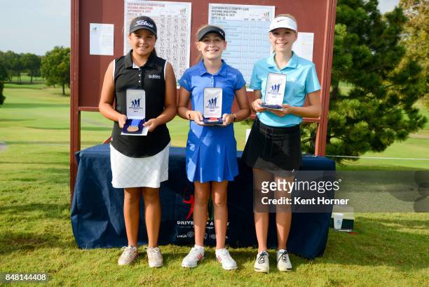 First, second and third place chipping skills for girls age 12-13 category Lyla Louderbaugh , Ali Mulhall and Abigail Aeschleman pose with their...
