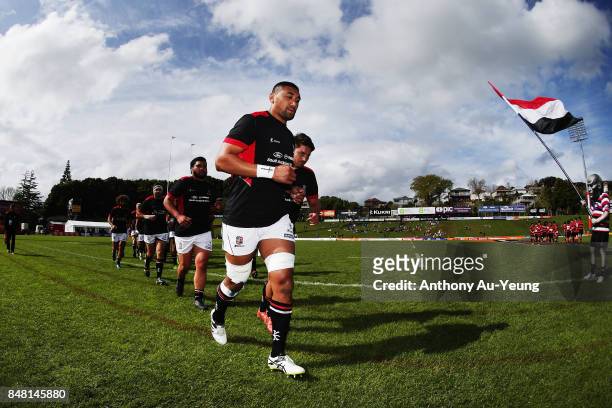 Jimmy Tupou of Counties Manukau leads his team back to the dressing room after warmup prior to the round five Mitre 10 Cup match between Counties...
