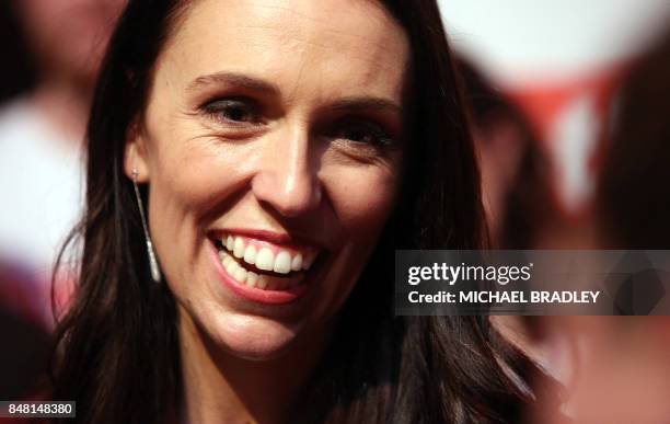 Leader of the Labour Party Jacinda Ardern speaks at a Labour Party rally in Hamilton on September 17, 2017 ahead of New Zealand's General election...