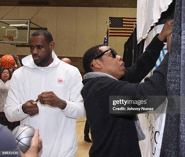 Lebron James and Jay-Z attend the Sprite Green Instrument Donation on February 14, 2009 in Mesa, Arizona.