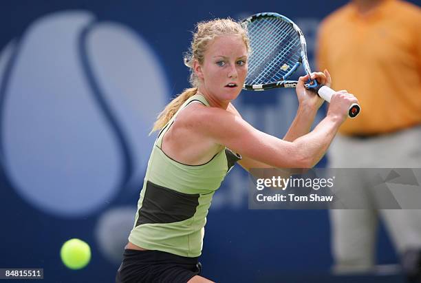 Urszula Radwanska of Poland in action in her match against Agnieszka Radwanska of Poland during day two of the WTA Barclays Dubai Tennis Championship...