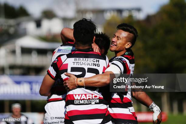 Tim Nanai-Williams of Counties Manukau celebrates with teammate Johnathan Kawau for his try during the round five Mitre 10 Cup match between Counties...