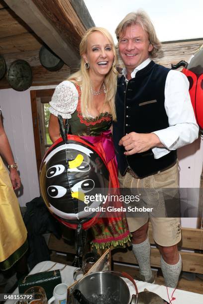 Kristina Bach and her boyfriend Christian Marek dance to her song "Atemlos" during the opening of the Oktoberfest 2017 at Kaeferschaenke at...