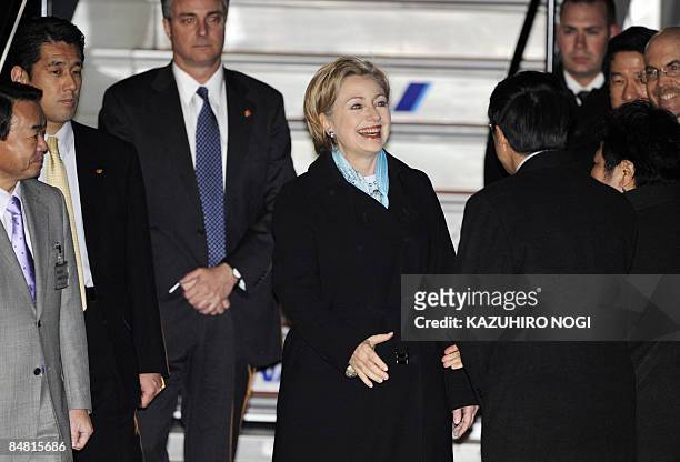 Secretary of State Hillary Clinton is welcomed by wellwishers upon her arrival at Tokyo's Haneda Airport on February 16, 2009. Clinton arrived in...