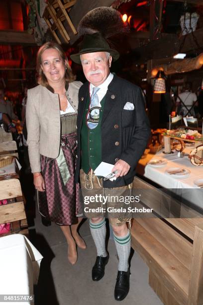 Peter Gauweiler and his wife Eva Gauweiler during the opening of the Oktoberfest 2017 at Kaeferschaenke at Theresienwiese on September 16, 2017 in...