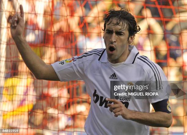 Real Madrid's Raul Gonzalez celebrates after scoring against Sporting Gijon during their Spanish first league football match at the Molinon Stadium...