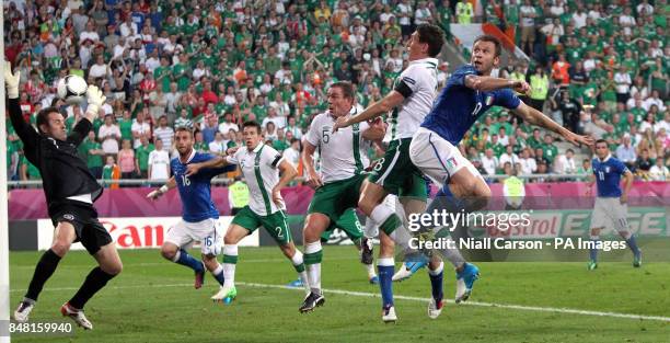 Italy's Antonio Cassano scores the opening goal of the game during the UEFA Euro 2012 Group match at the Municipal Stadium, Poznan, Poland.