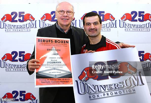 Boxing-Promoter Klaus-Peter Kohl and Artur Grigorian pose during a press conference to announce the forthcoming 25th Birthday of Universum Boxing on...
