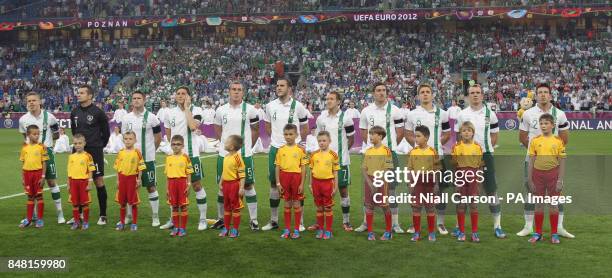 The Ireland team seen wearing a black arm band drawing attention to the Loughinisland atrocity during the UEFA Euro 2012 Group match at the Municipal...