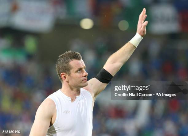 Republic of Ireland's Shay Given waves to the fans as he leaves the pitch during the UEFA Euro 2012 Group match at the Municipal Stadium, Poznan,...