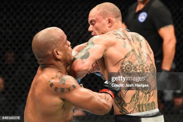 Anthony Smith lands an elbow against Hector Lombard of Cuba in their middleweight bout during the UFC Fight Night event inside the PPG Paints Arena...
