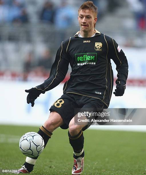 Marco Reus of Ahlen runs with the ball during the Second Bundesliga match between TSV 1860 Muenchen and Rot-Weiss Ahlen at the Allianz Arena on...