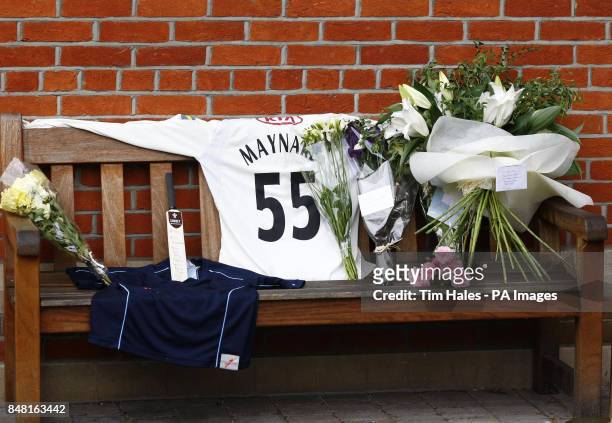 Tributes and flowers left in memory of Tom Maynard during the One Day International match at the Kia Oval, London.