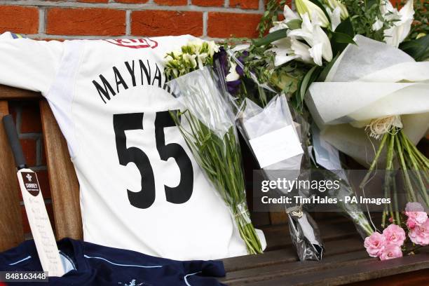 Tributes and flowers left in memory of Tom Maynard during the One Day International match at the Kia Oval, London.