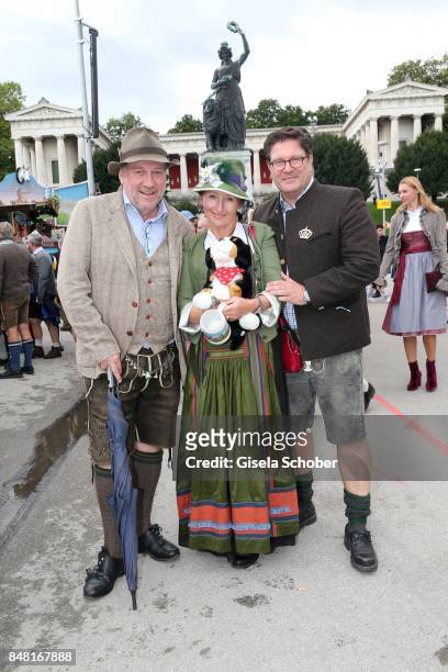 Birgitt Wolff and her boyfriend Harold Faltermeyer and Francis Fulton Smith during the opening of the Oktoberfest 2017 at Theresienwiese on September...