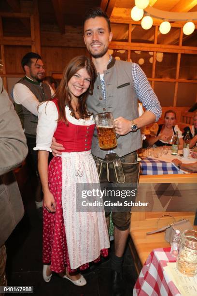 Julia Frank-Tewaag, daughter of Uschi Glas, and her husband Tobias Frankduring the opening of the Oktoberfest 2017 at Schuetzenfestzelt at...