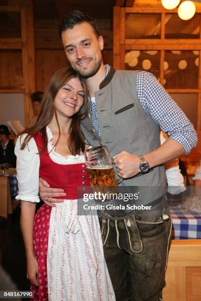 Julia Frank-Tewaag, daughter of Uschi Glas, and her husband Tobias Frankduring the opening of the Oktoberfest 2017 at Schuetzenfestzelt at...