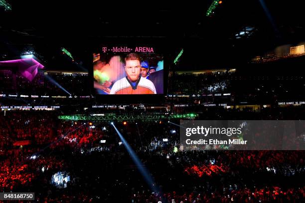 General view as Canelo Alvarez enters the ring to take on Gennady Golovkin before their WBC, WBA and IBF middleweight championship bout at T-Mobile...