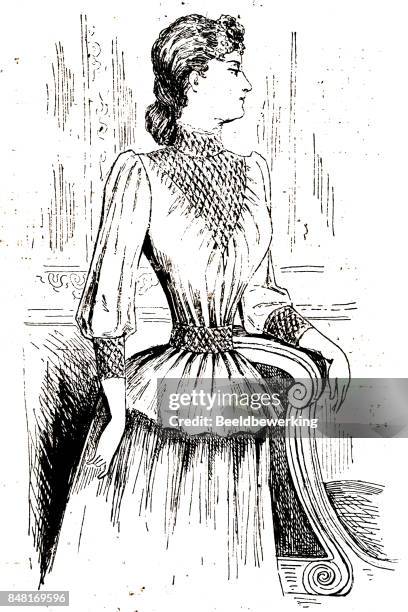 stockillustraties, clipart, cartoons en iconen met graveren waspy dacht vrouw in lace tafta jurk - 1880 1889