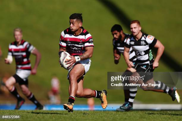 Augustine Pulu of Counties Manukau makes a break during the round five Mitre 10 Cup match between Counties Manukau and Hawke's Bay at ECOLight...