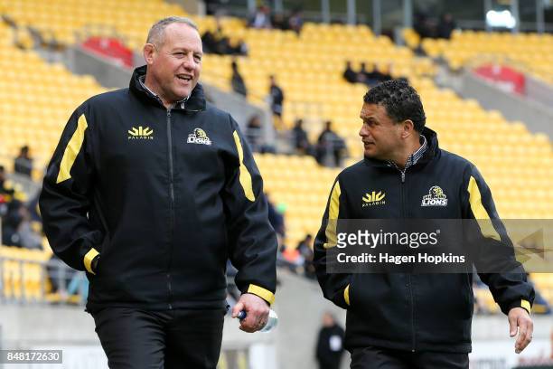 Coach Chris Gibbes of Wellington and assistant coach Andre Bell of Wellington talk during the round five Mitre 10 Cup match between Wellington and...