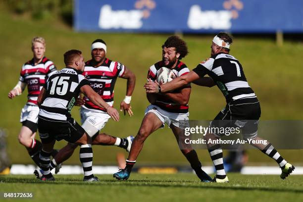 Orbyn Leger of Counties Manukau on the charge against Hugh Renton of Hawke's Bay during the round five Mitre 10 Cup match between Counties Manukau...