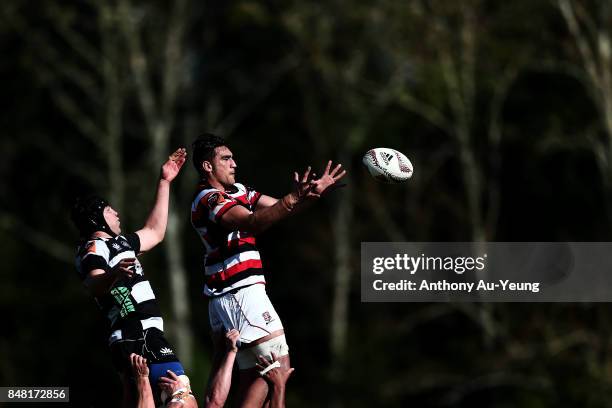 Johnathan Kawau of Counties Manukau competes at the lineout against Nicholas Palmer of Hawke's Bay during the round five Mitre 10 Cup match between...