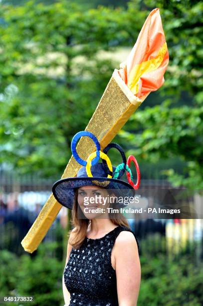 Laura Neson from Essex arrives for Ladies Day with her Olympic Torch themed hat during day three of the 2012 Royal Ascot meeting at Ascot Racecourse,...