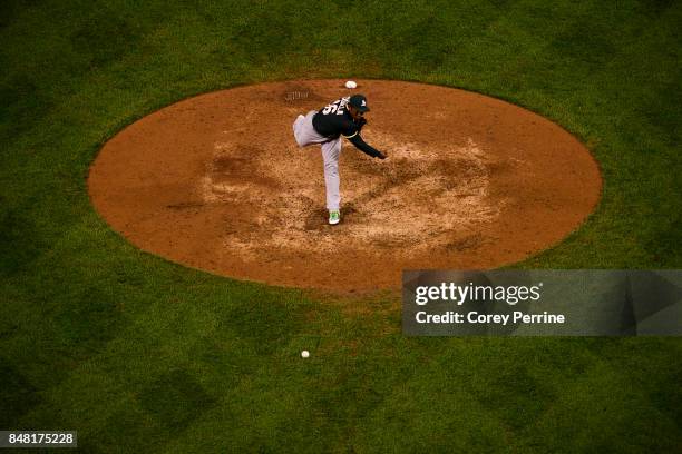 Santiago Casilla of the Oakland Athletics pitches against the Philadelphia Phillies during the eighth inning at Citizens Bank Park on September 16,...