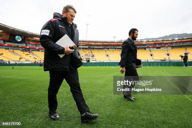 Coach Glenn Delaney and assistant coach Joe Maddock of Canterbury walk to their booth during the round five Mitre 10 Cup match between Wellington and...