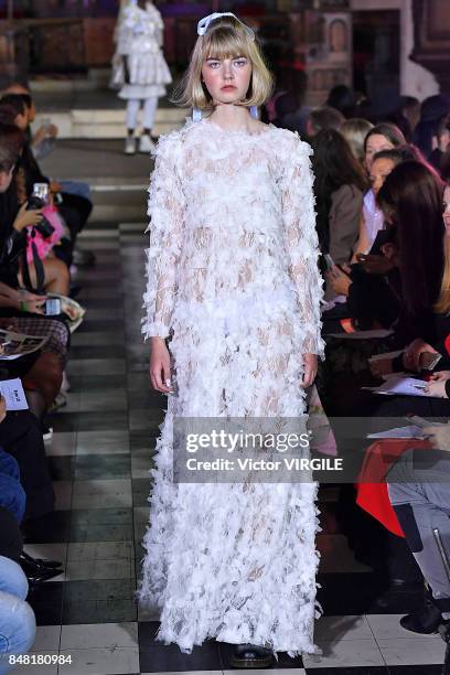 Model walks the runway at the Ryan Lo Ready to Wear Spring/Summer 2018 fashion show during London Fashion Week September 2017 on September 15, 2017...