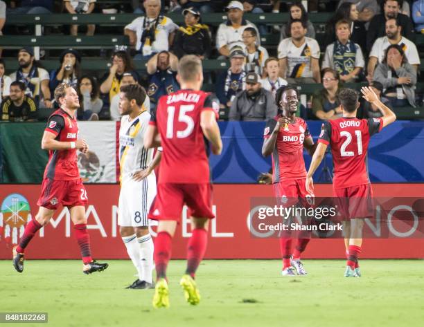 Tosaint Ricketts of Toronto FC celebrates his goal during the Los Angeles Galaxy's MLS match against Toronto FC at the StubHub Center on September...