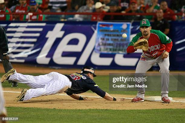 Luis Maza of Venados of Mazatlan Mexico and Adrian Gonzalez in first base during the 3rd game of the 2009 Caribbean Series on February 3, 2009 in...